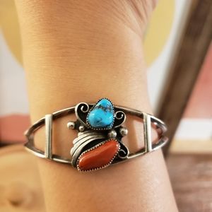 Vintage Sterling Silver Turquoise/Coral Cuff